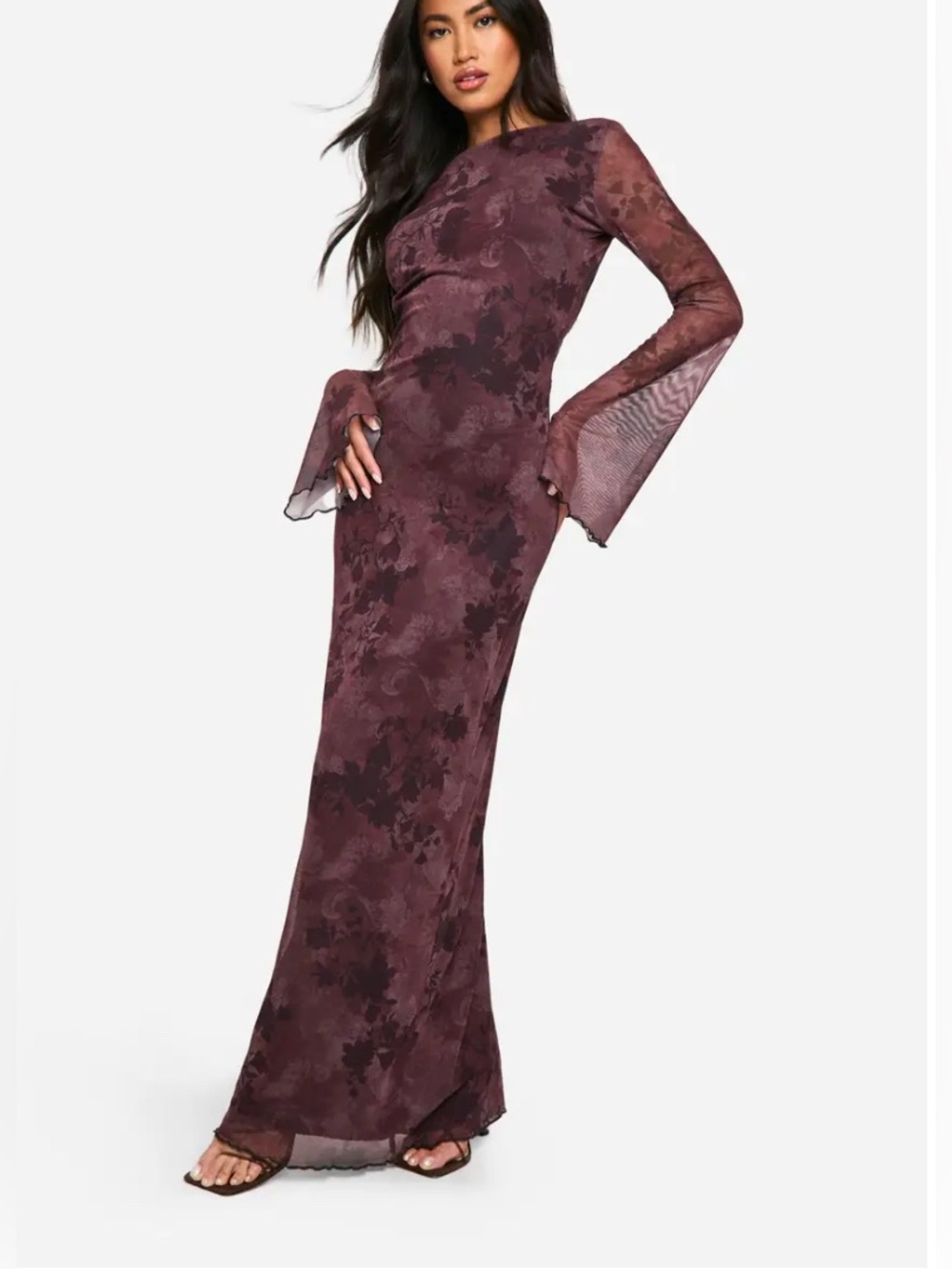 Boohoo Dark Floral Print Mesh Scoop Back Maxi Dress